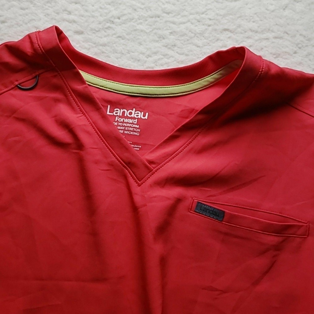 Landau Forward Scrub Top Womens XL Red V Neck Short Sleeve Tunic Pockets Stretch
